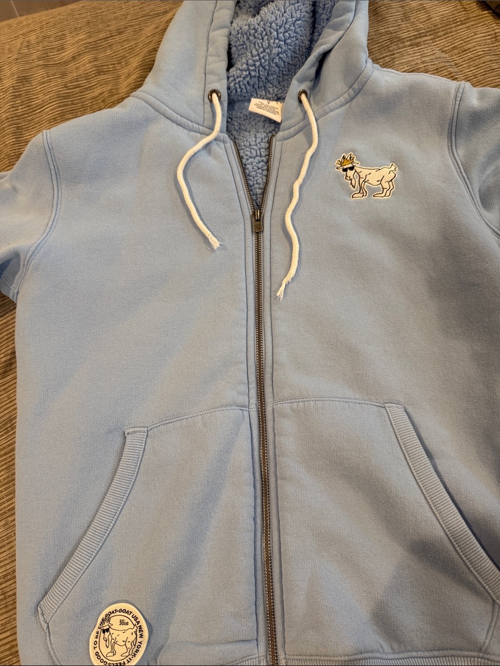 Light Blue Men's Zip-Up Sherpa Hoodie with GOAT Patch